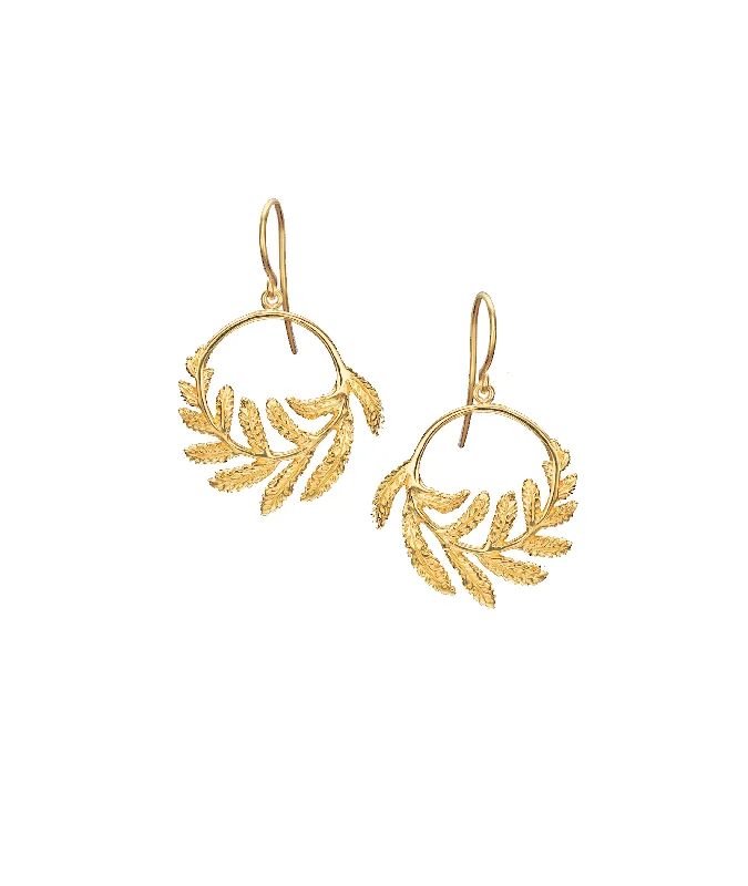 Elegant Gold Earrings-18ct Solid Gold Fern Hoop Earrings