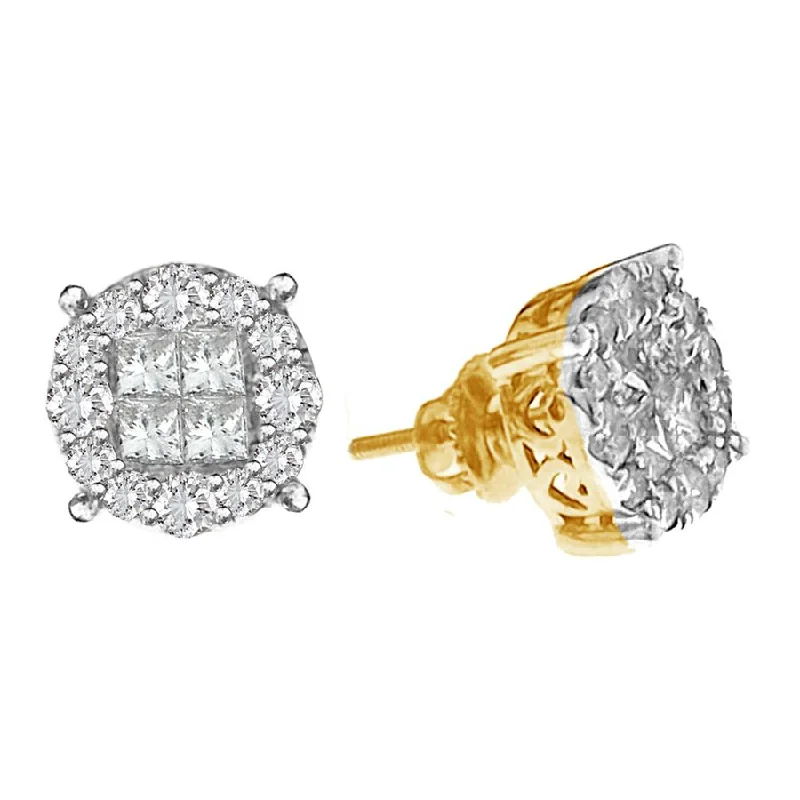 Luxury Designer Earrings-LADIES STUD EARRINGS 2.00CT ROUND/PRINCESS DIAMOND 14K YELLOW GOLD