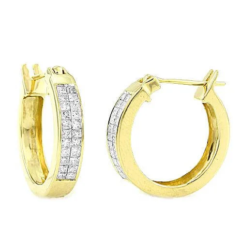 Sparkling Diamond Earrings-14KY 1.00CTW DIAMOND TWO ROW PRINCESS CUT HOOP