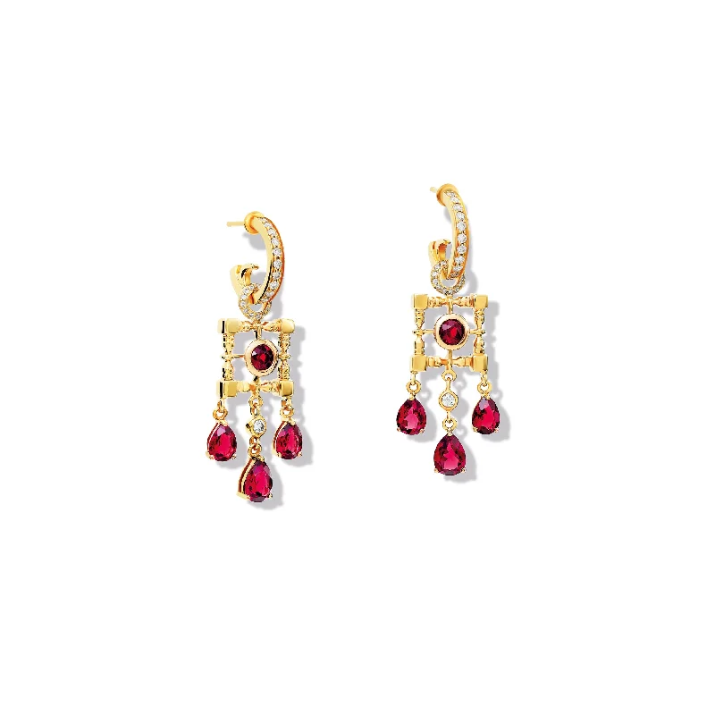 Colored Hoop Earrings-Mashrabiya Trellis Earring Drops Yellow Gold - Rhodolite Garnet & Diamond