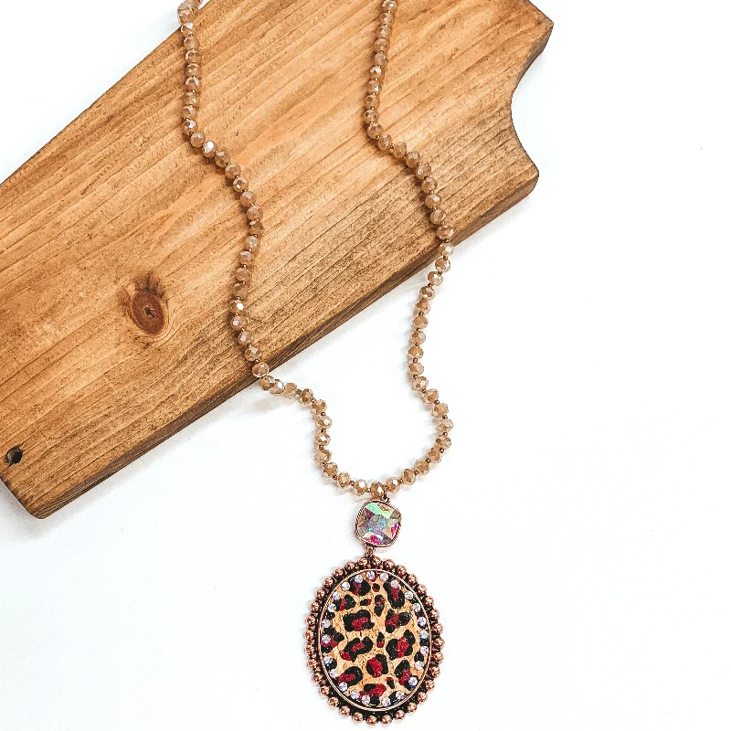 Crystal Strand Necklace with Leopard Print Pendant and AB Cushion Cut Crystal Connector in Copper Tone