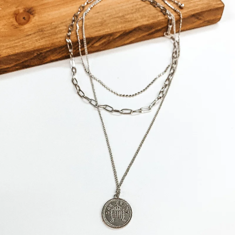 Three Strand Multi Chain Necklace Set with Double Sided Coin in Silver