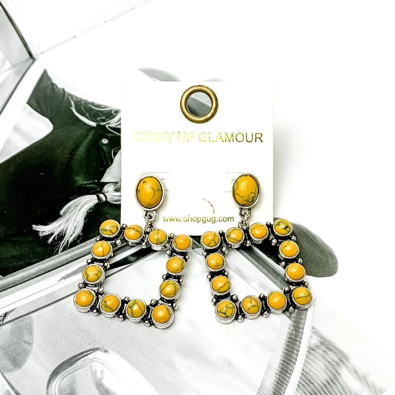 Open Square Drop Earrings with Mustard Yellow Stones in Silver Tone