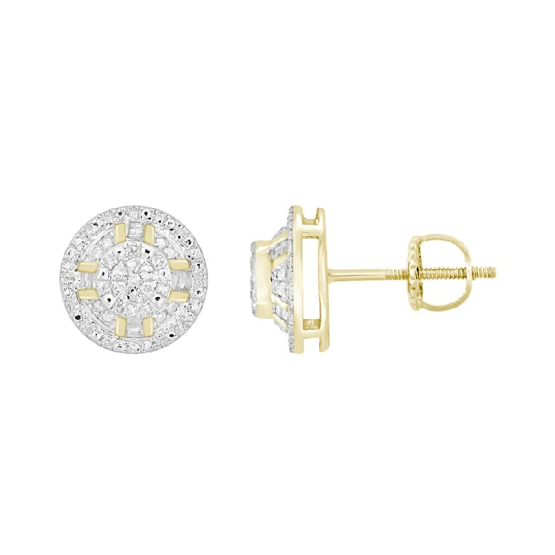 Elegant Drop Earrings-LADIES EARRINGS 0.20CT ROUND/BAGUETTE DIAMOND 10K YELLOW GOLD