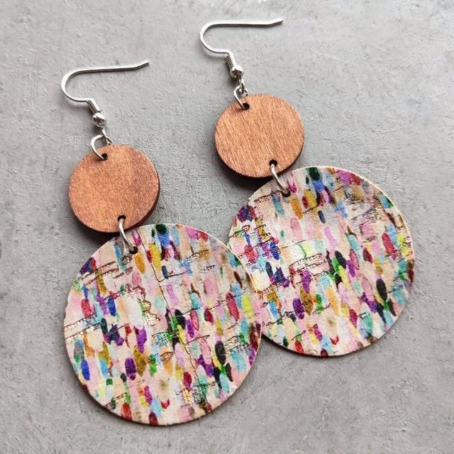 Handmade Dangle Earrings-Beautiful Wood and Cork Color Splash Earrings