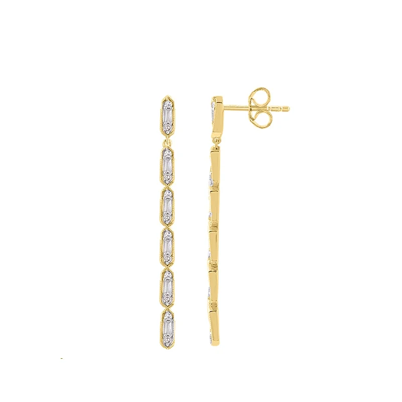 Crystal Dangle Earrings-LADIES  EARRINGS 0.33CT ROUND/BAGUETTE DIAMOND 14K YELLOW GOLD (SI QUALITY)