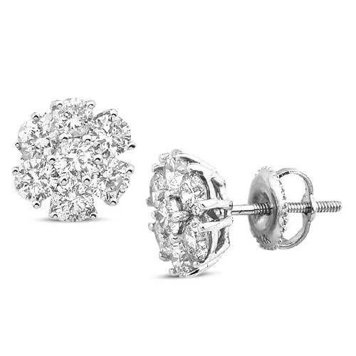 Long Dangle Hoop Earrings-14KW 2.15CTW STUNNING DIAMOND DOME FLOWER EARRING STUDS