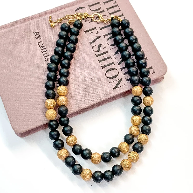 Making Joy Large Beaded Two Strand Necklace with Gold Tone Spacers in Black