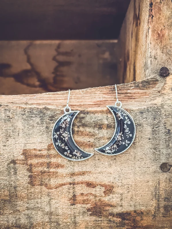 Triangular Earrings-Midnight Moon Crescent Earrings with Pressed Flowers