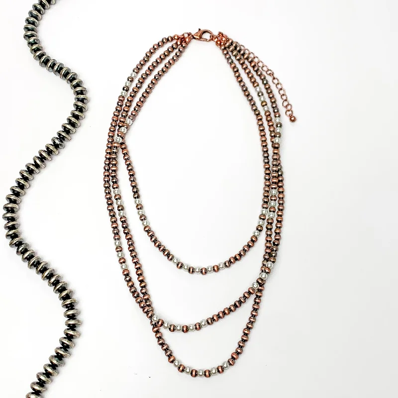 3 Strand Faux Navajo Pearl Necklace in Copper Tone with White Pearl Beads