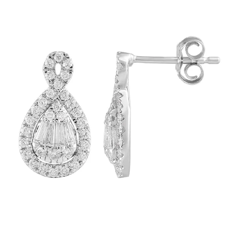 Elegant Drop Stud Earrings-LADIES EARRINGS 0.75CT ROUND/BAGUETTE DIAMOND 14K WHITE GOLD