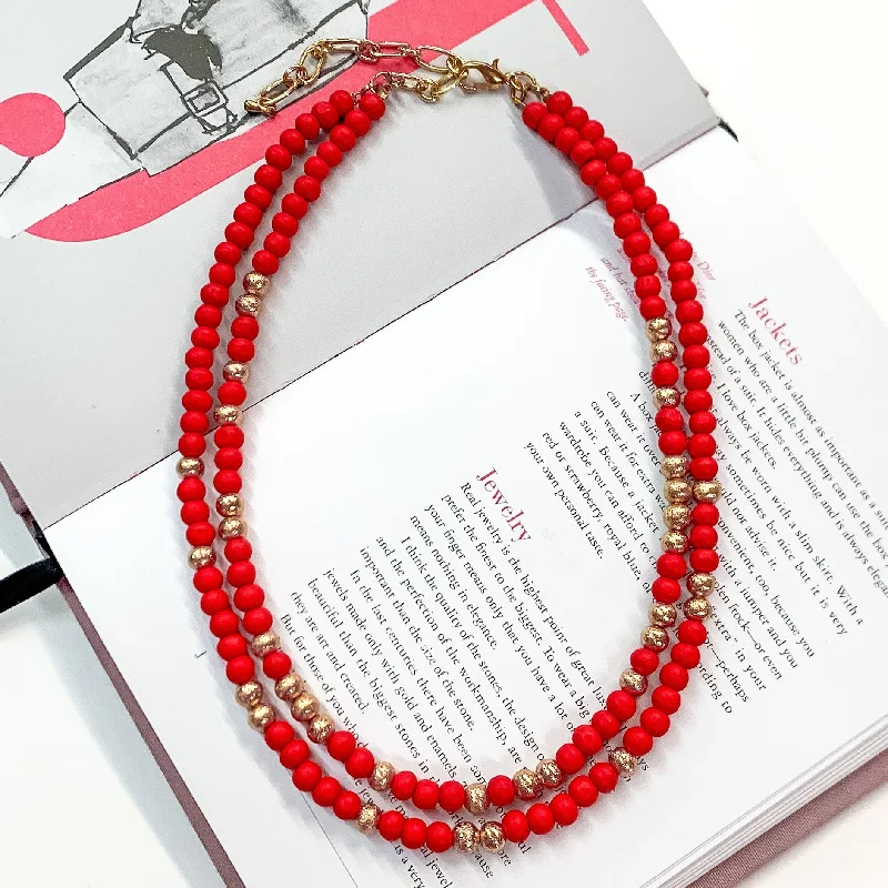 Making Joy Small Beaded Two Strand Necklace with Gold Tone Spacers in Red