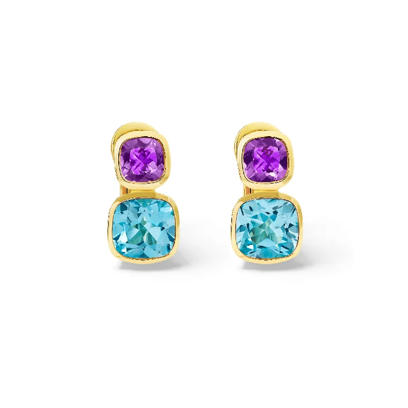 Party Earrings-Qin & Han Earrings 18ct Yellow Gold - Amethyst & Blue Topaz