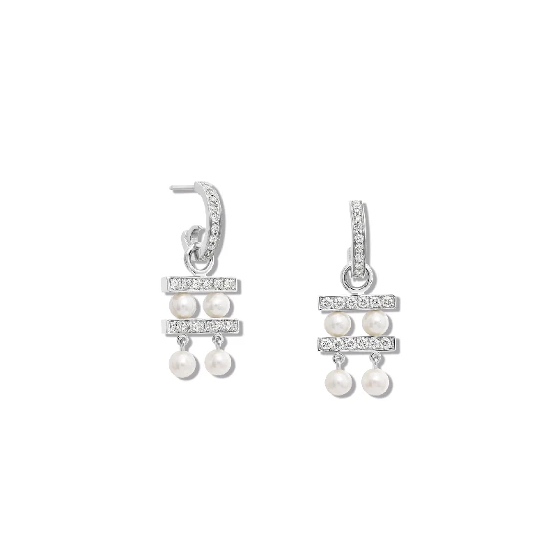 Feather Dangle Earrings-Couture Double Earring Drops 18ct White Gold - Diamond Pavé & Pearl