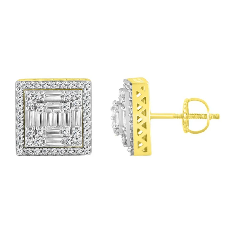 Crystal Dangle Drop Earrings-LADIES STUD EARRINGS 1.00CT ROUND/BAGUETTE DIAMOND 10K YELLOW GOLD