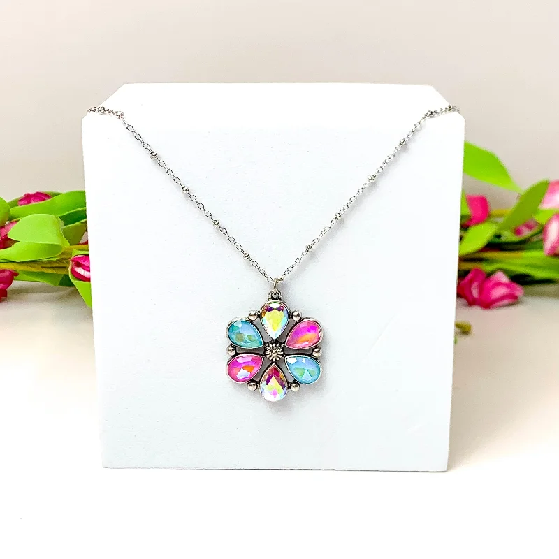 Petal Perfection Silver Tone Flower Pendant Necklace in Pink and Turquoise