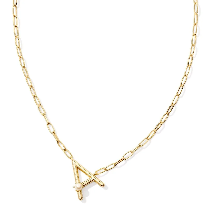 Kendra Scott | Pearl Gold Initial Letter Short Pendant Necklace in White Pearl