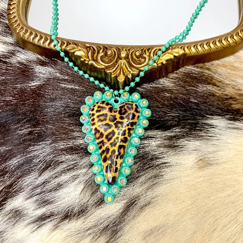 Teal Blue Beaded Necklace With Leopard Print Heart Pendant and AB Crystal Border Accents