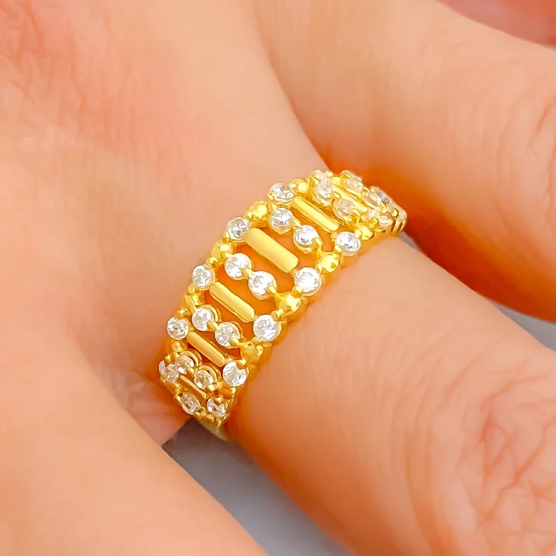 Embellished Unique Striped 22k Gold CZ Ring