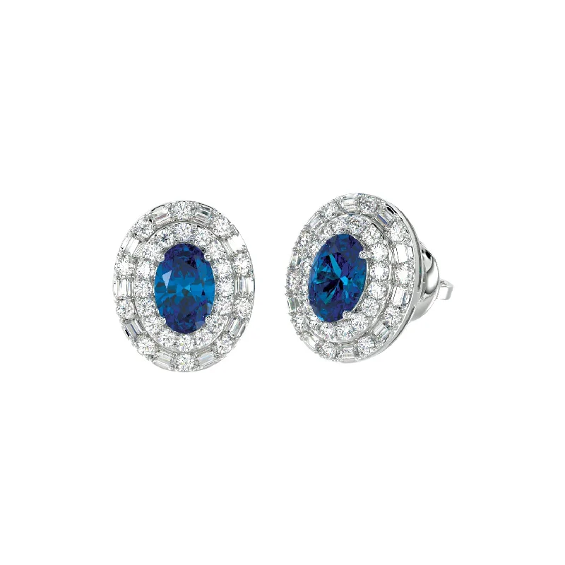 Cute Animal Earrings-LADIES EARRINGS 1.33CT ROUND/OVAL DIAMOND 14K WHITE GOLD (CENTER STONE TANZANITE OVAL DIAMOND-0.90CT)