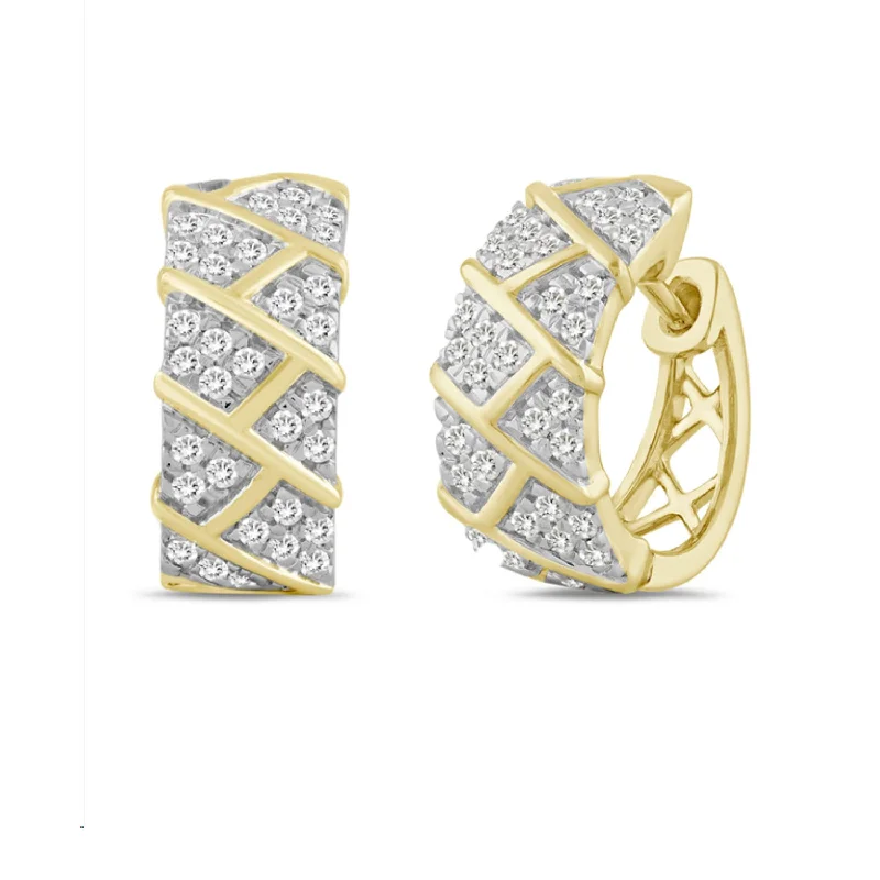 Retro Earrings-LADIES HOOPS EARRINGS 0.50CT ROUND DIAMOND 10K YELLOW GOLD