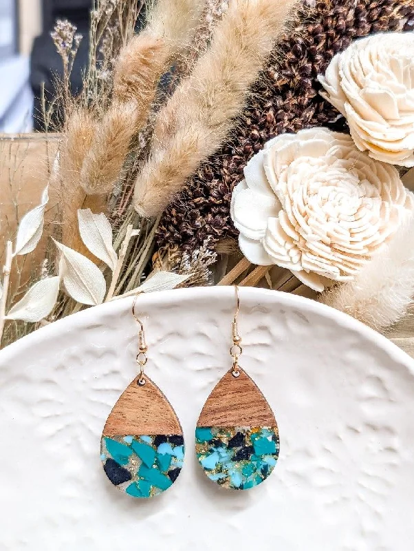 Fancy Drop Earrings-Beautiful Wood and Resin Mint and Black Earrings