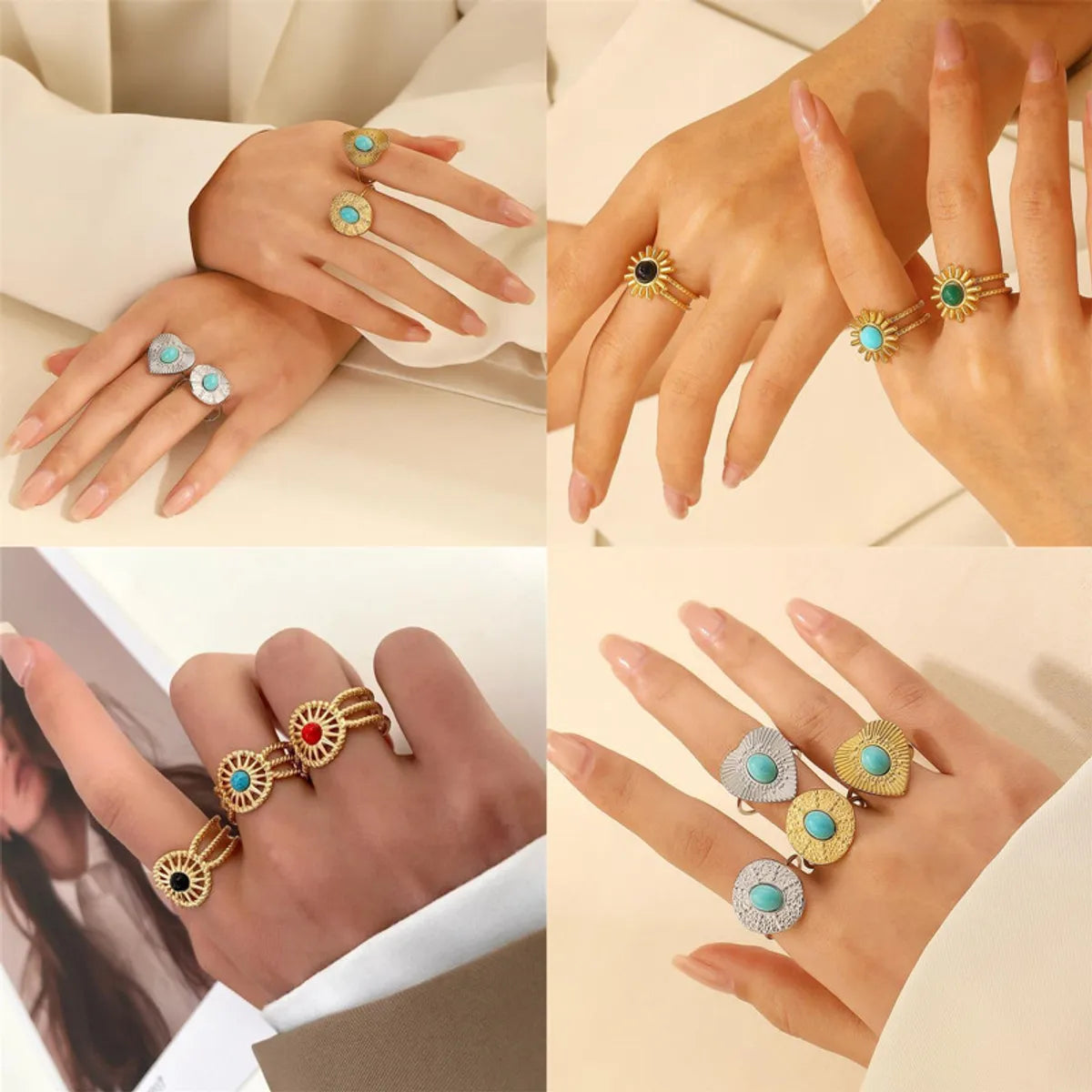 Titanium Steel 18K Gold Plated Casual Elegant Sun Heart Shape Turquoise Open Rings