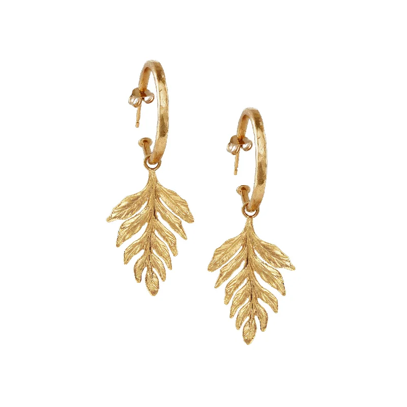 Long Silver Earrings-Gold Fern Drop Hammered Hoop Earrings