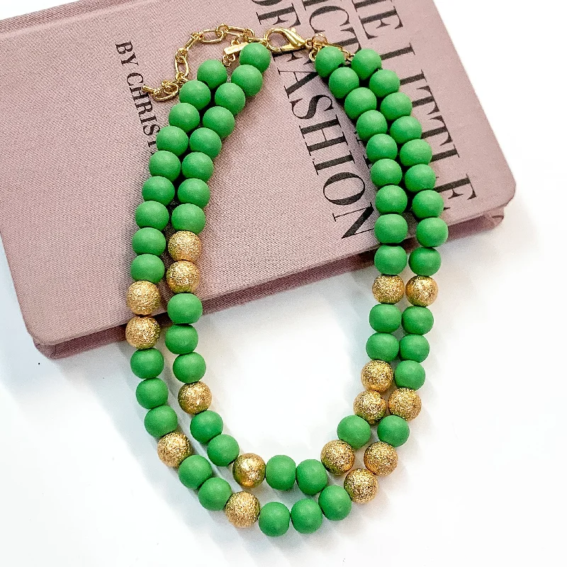 Making Joy Large Beaded Two Strand Necklace with Gold Tone Spacers in Green