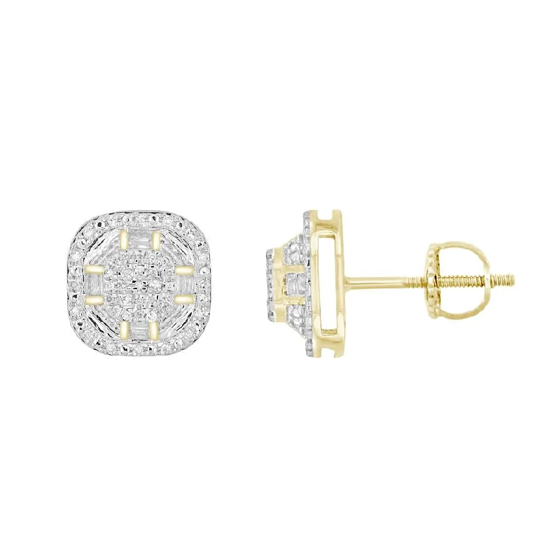 Cute Stud Earrings-LADIES EARRINGS 0.20CT ROUND/BAGUETTE DIAMOND 10K YELLOW GOLD