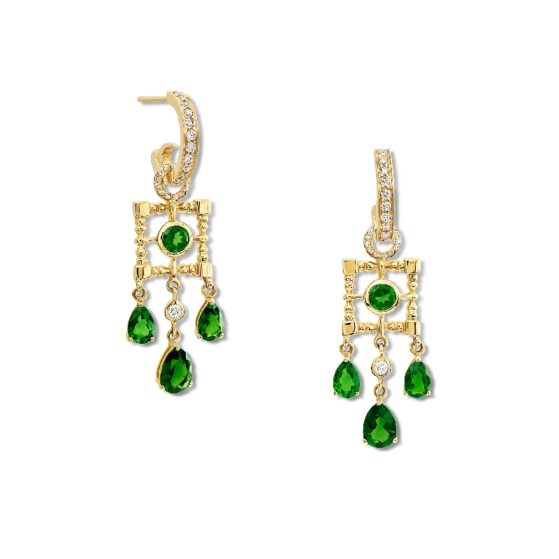 Luxury Silver Earrings-Mashrabiya Trellis Earring Drops Yellow Gold - Chrome Diopside & Diamond