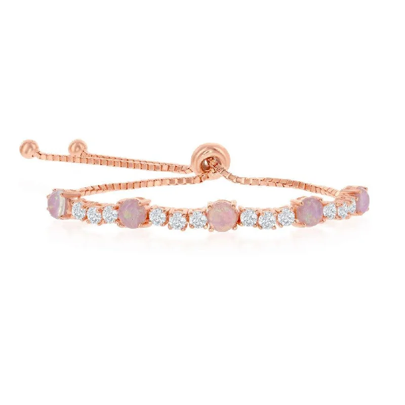 Sterling Silver Rose Gold 4-Prong CZ and Pink Opal Bracelet