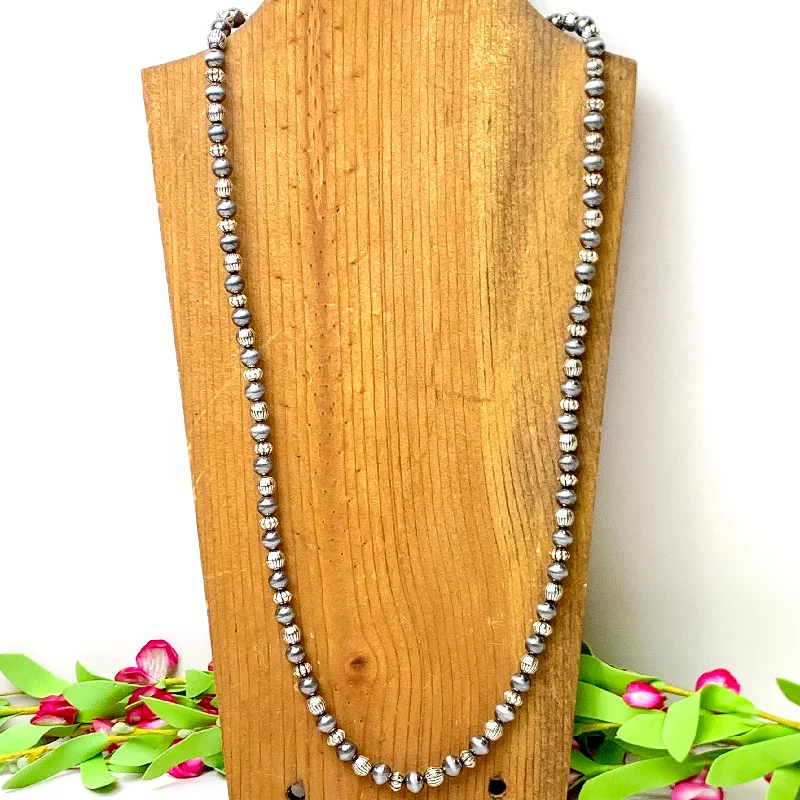 Long Faux Navajo Pearl Necklace with Corrugated Spacers in Silver Tone