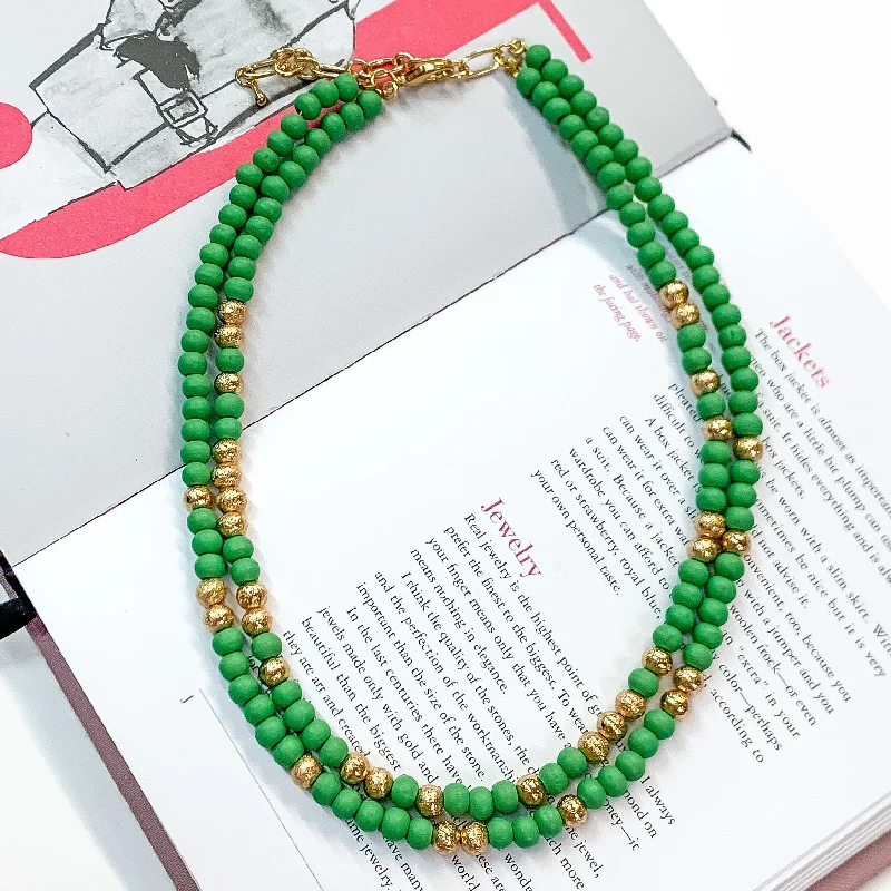 Making Joy Small Beaded Two Strand Necklace with Gold Tone Spacers in Green