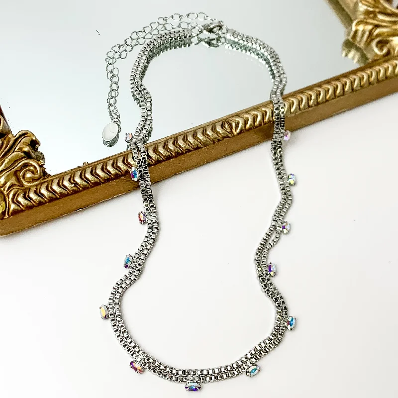 Sorrelli | Cleo Box Chain and Crystal Tennis Necklace in Palladium Silver Tone and Aurora Borealis