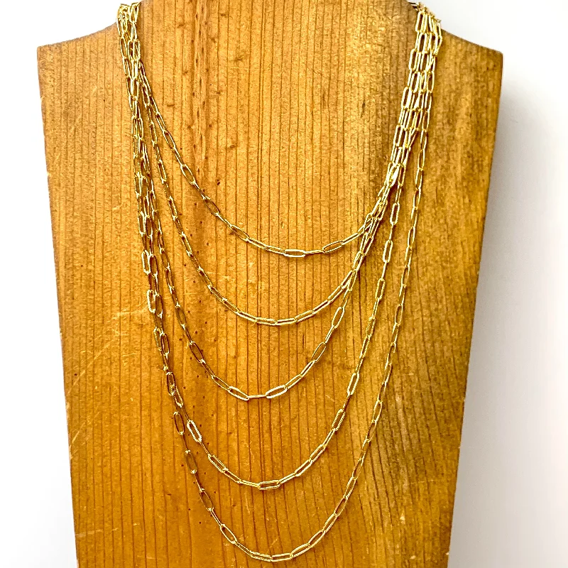 Paperclip Chain Five Layered Necklace in Gold