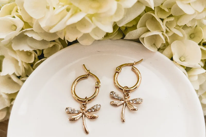 Unique Silver Hoop Earrings-Gold Dragonfly Hug Earrings