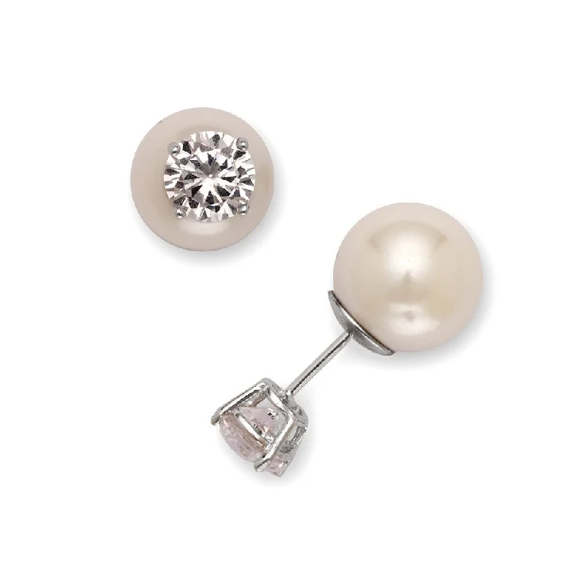 Fashionable Clip-On Earrings-Sterling Silver 6mm Clear CZ with 10mm Simulated White Pearl  Earrings