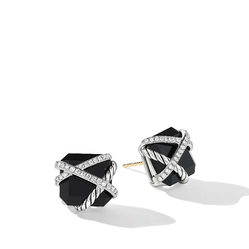 Crystal Stud Earrings-Cable Wrap Stud Earrings in Sterling Silver with Black Onyx and Diamonds\, 12mm