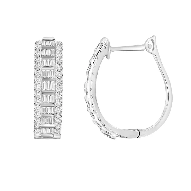 Casual Hoop Earrings-LADIES HOOP EARRINGS 1.00CT ROUND/BAGUETTE DIAMOND 10K WHITE GOLD