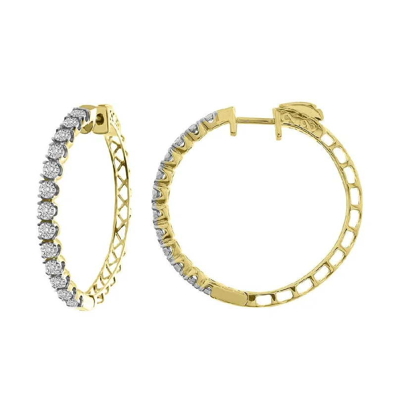 Gold Stud Earrings-LADIES HOOP EARRINGS 1.00CT ROUND DIAMOND 10K YELLOW GOLD