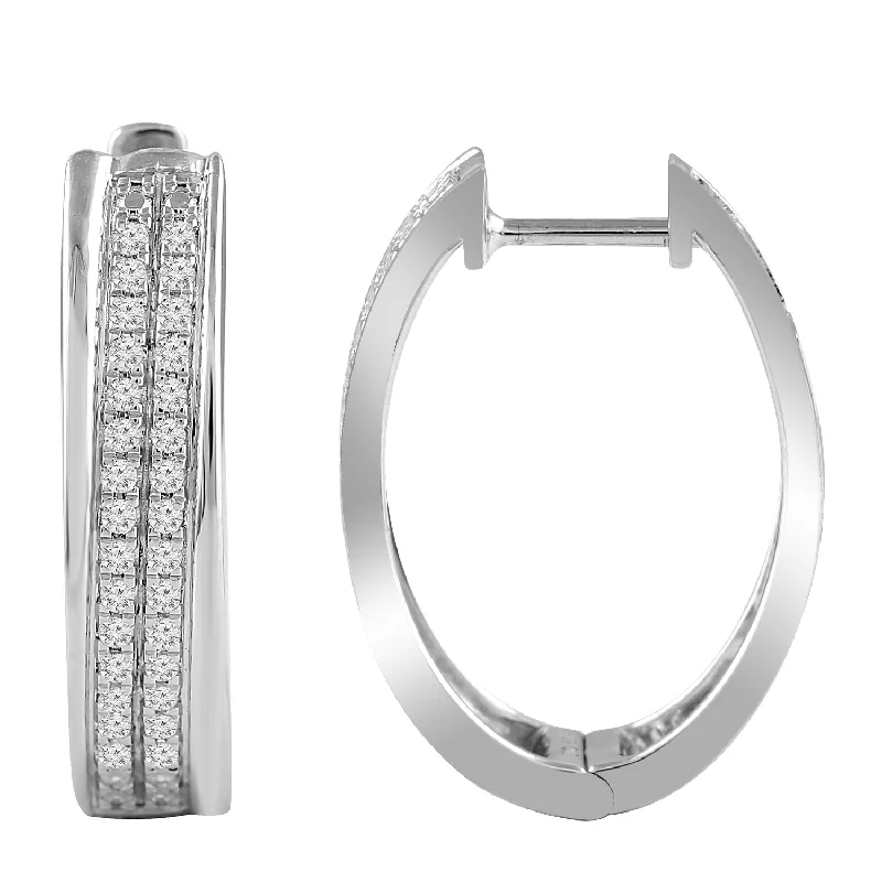 Custom Engraved Earrings-LADIES HOOPS EARRINGS 0.33CT ROUND DIAMOND 10K WHITE GOLD