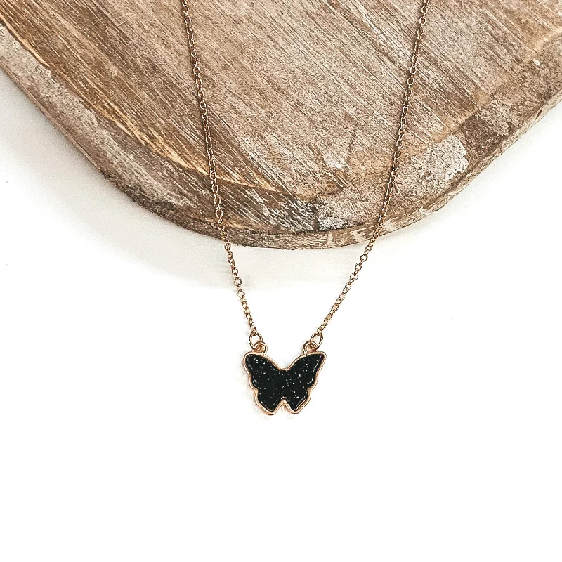 Druzy Butterfly Gold Necklace in Black