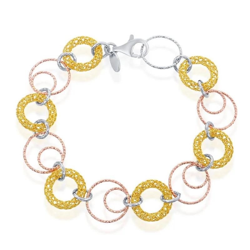 Classic Women's Bracelet - Tri Color Sterling Silver Open Circles Link | S-4796