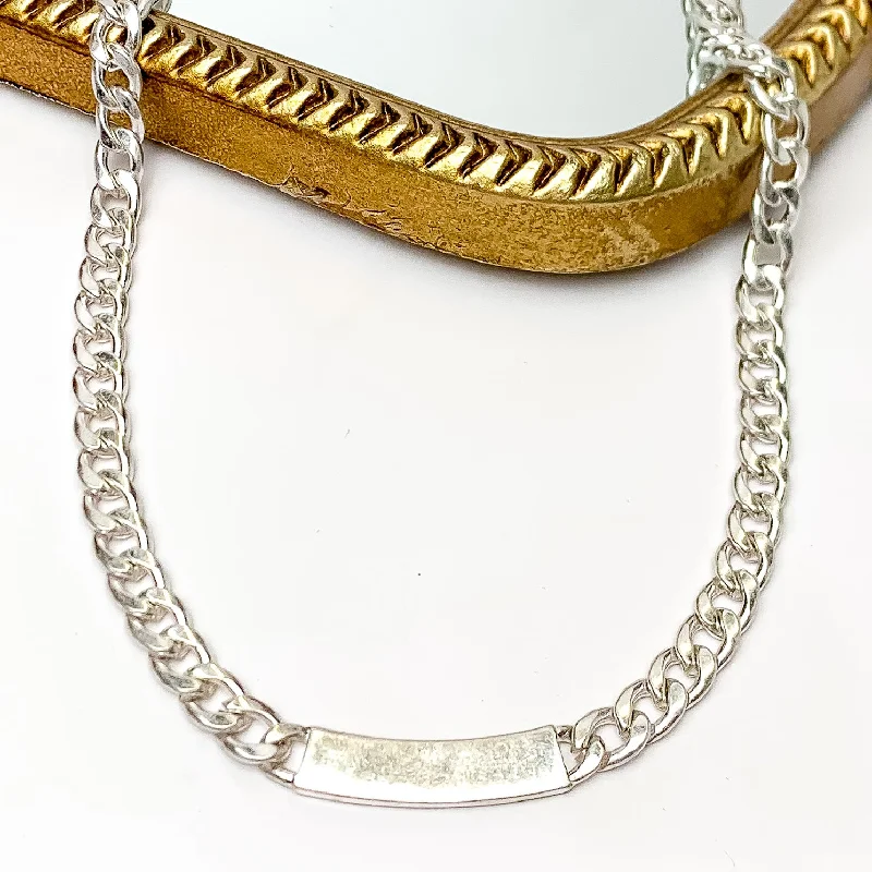 Silver Tone Chain Link Necklace with Silver Plaque