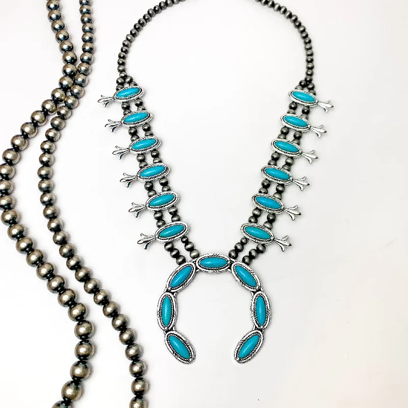 Silver Tone Pearl Squash Blossom Necklace With Stones in Turquoise