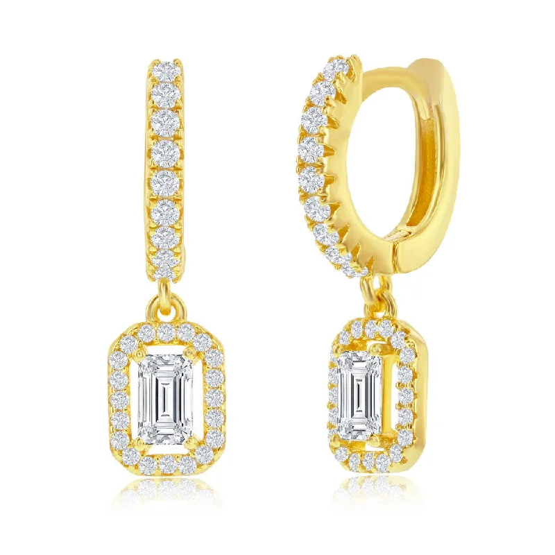 Unique Chandelier Earrings-Sterling Silver Rectangle CZ Huggie Hoop Earrings - Gold Plated