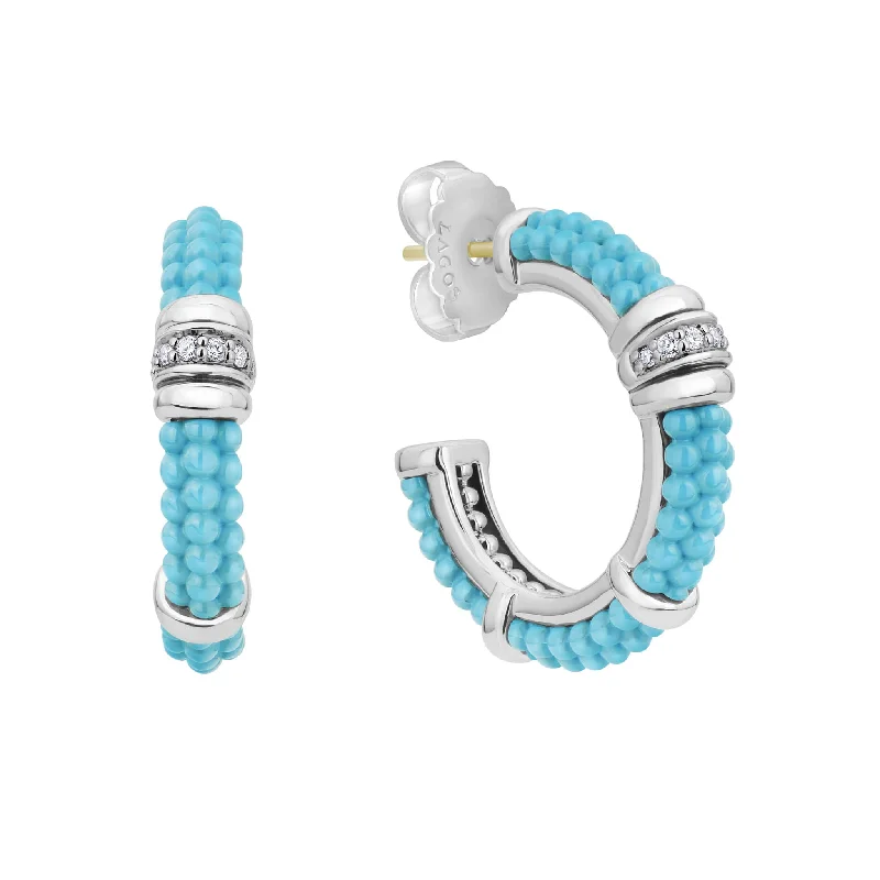 Chic Ear Huggers-Blue Caviar Ceramic and Diamond Hoop Earrings