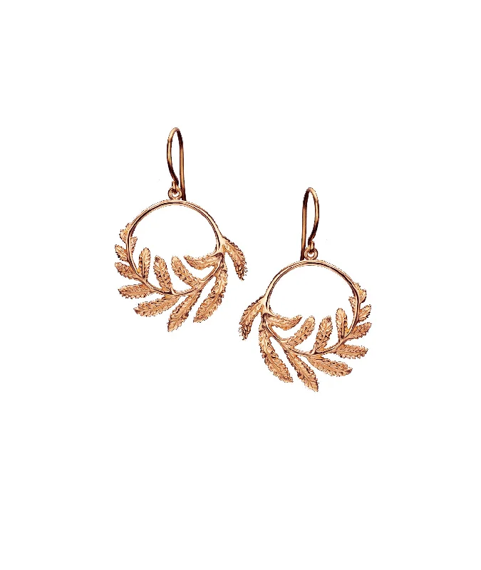 Silver Circle Earrings-18ct Solid Rose Gold Fern Hoop Earrings