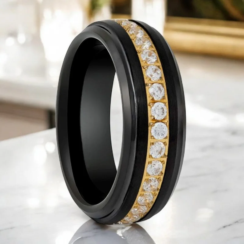 LUSTRE | Black Tungsten Ring, White Diamond Stimulate CZ Eternity on Gold Center